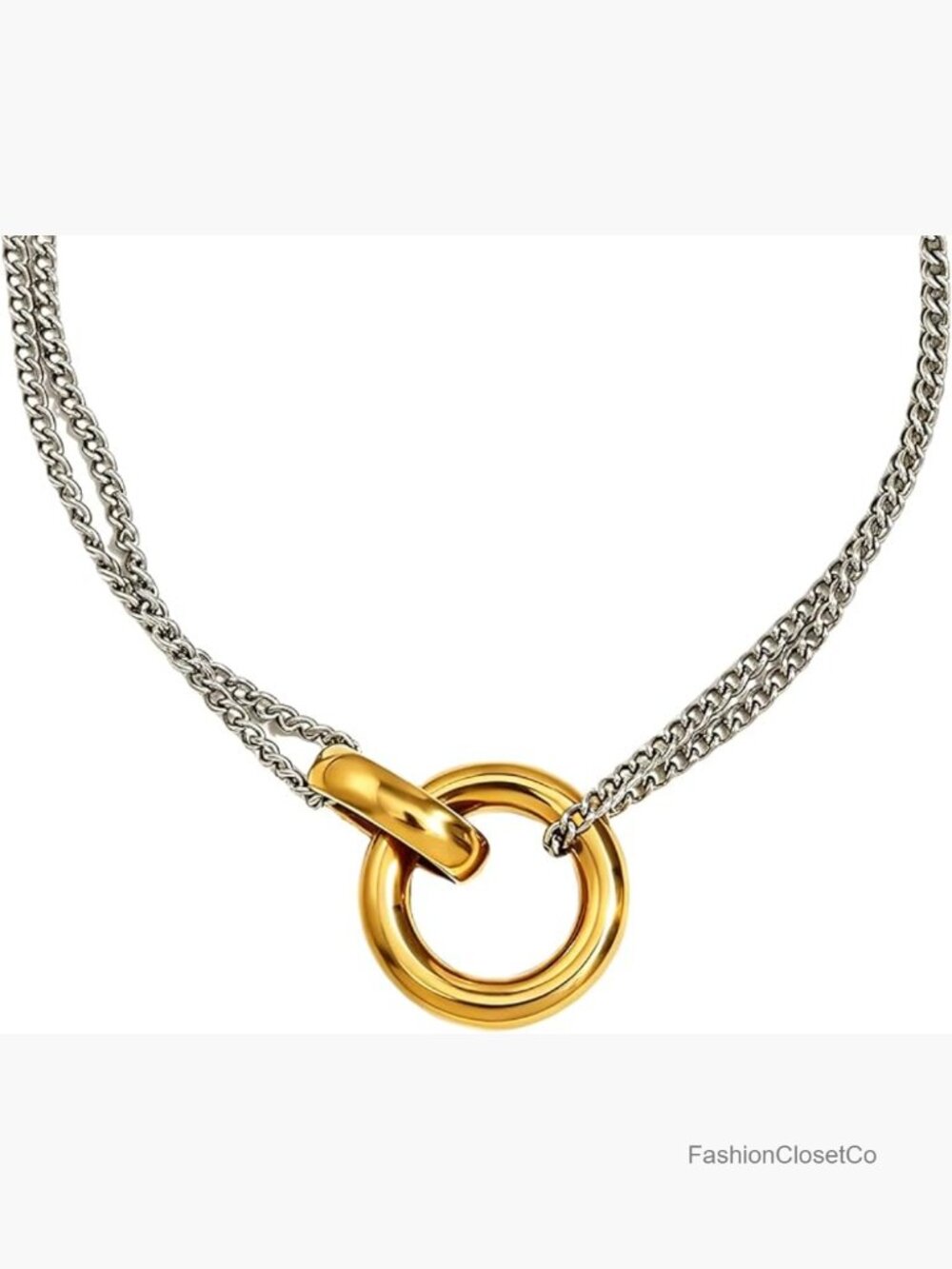 Gold Silver Two Tone Chunky Interlocking Knot Pendant Necklace Stainless Steel